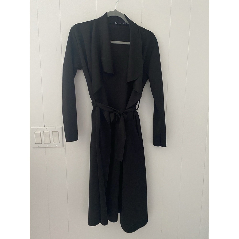 Boohoo Black Belted Waterfall Duster Coat in Stretchy Crepe Fabric Size S/M‎